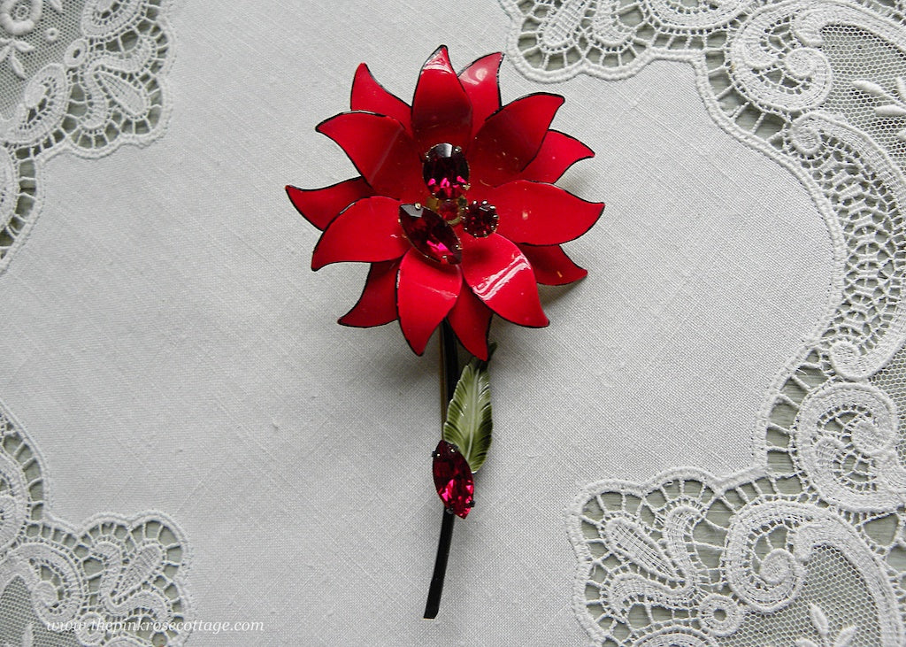 Vintage Francois Enameled Christmas Poinsettia Brooch with Rhinestones