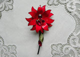 Vintage Francois Enameled Christmas Poinsettia Brooch with Rhinestones