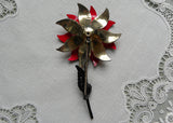 Vintage Francois Enameled Christmas Poinsettia Brooch with Rhinestones