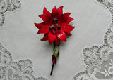 Vintage Francois Enameled Christmas Poinsettia Brooch with Rhinestones