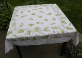 Vintage Pink and Chartreuse Tablecloth Fruits Wine Glasses Decanters and More