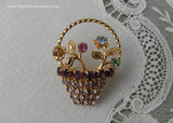 Vintage Rhinestone Basket of Pastel Flowers Pin Brooch