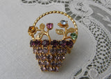 Vintage Rhinestone Basket of Pastel Flowers Pin Brooch