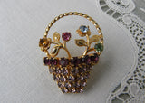 Vintage Rhinestone Basket of Pastel Flowers Pin Brooch