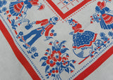 Vintage Whimsical People Gardening and Biking Red White and Blue Tablecloth