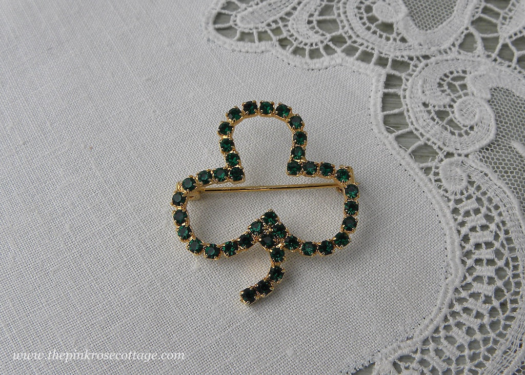 Vintage Green Rhinestone St. Patrick's Day Shamrock Pin