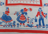 Vintage Whimsical People Gardening and Biking Red White and Blue Tablecloth