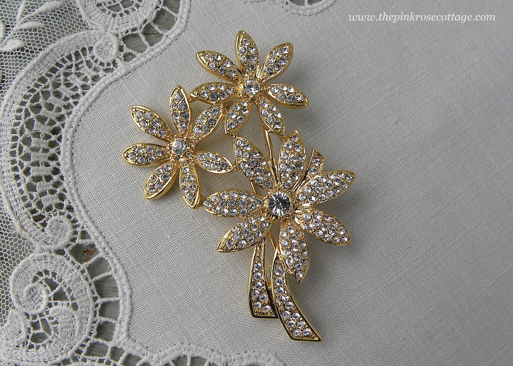Trio of Rhinestone Daisies Vintage Napier Pin Brooch