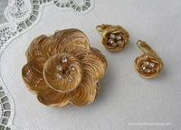 Vintage Gold Wire and Rhinestone Flower Brooch and Earring Set