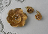 Vintage Gold Wire and Rhinestone Flower Brooch and Earring Set