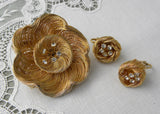 Vintage Gold Wire and Rhinestone Flower Brooch and Earring Set