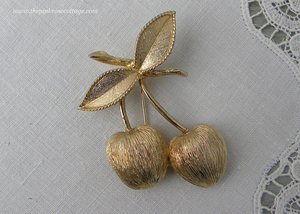 Vintage Sarah Coventry Brushed Gold Cherry Cherries Pin