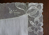 Vintage Soft Green Net Lace Handkerchief with Magnolia Embroidery
