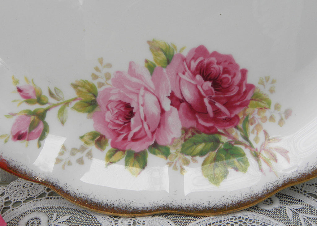 Victorian Pink Rose Teacup, Saucer & Dessert Plate In Decorative Hat Box