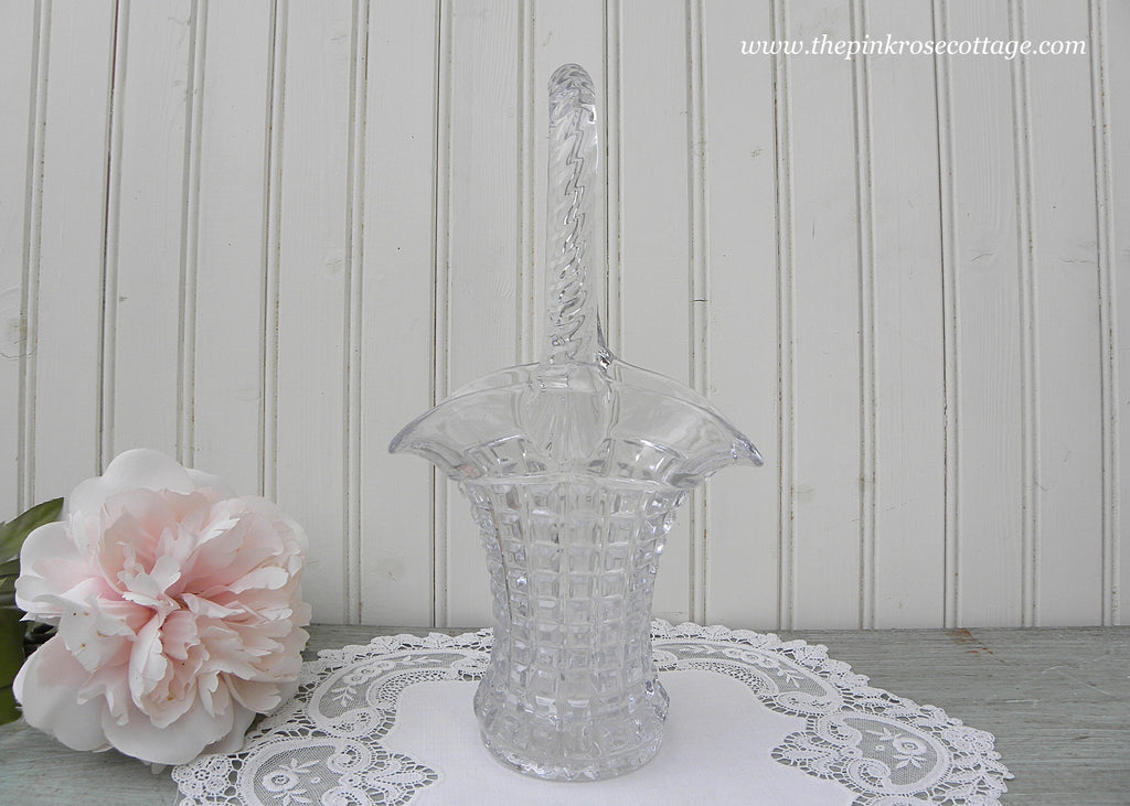 Vintage Clear Glass Basket Vase Cube Design