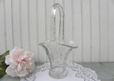 Vintage Clear Glass Basket Vase Etched with a Rose