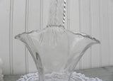 Vintage Clear Glass Basket Vase Etched with a Rose