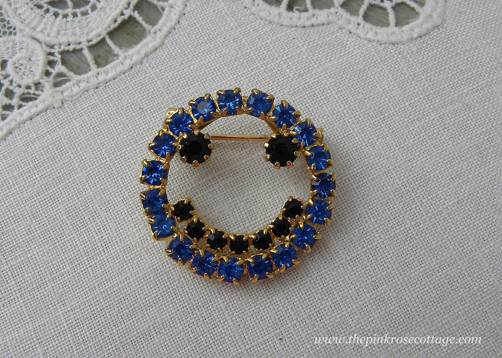 Vintage Blue Rhinestone Smiley Face Smile Pin