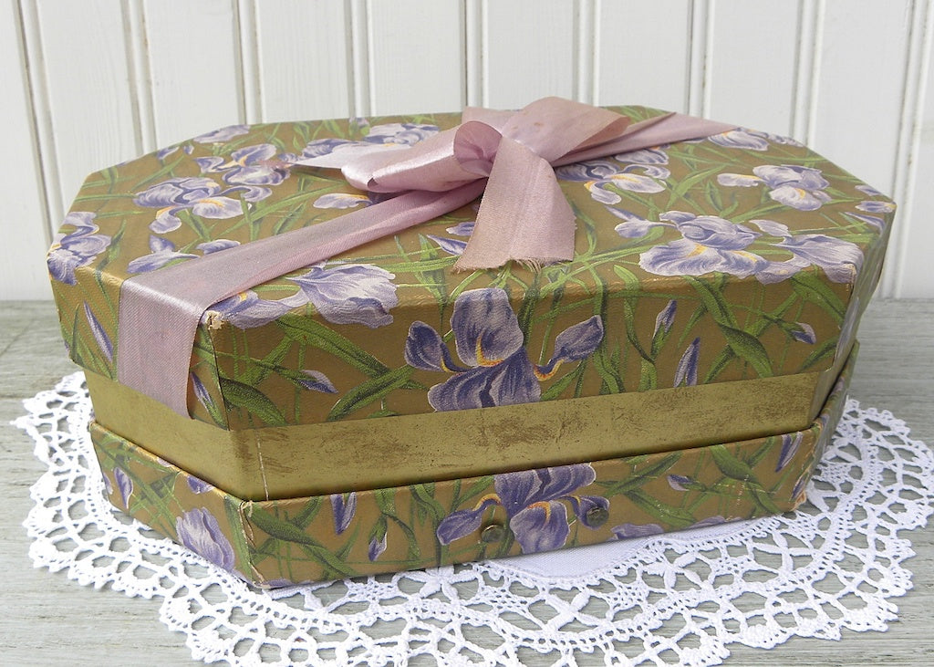 Antique Chocolates Easter Corsage Box with Irises and Purple Bow