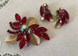 Vintage Weiss Ruby Red Rhinestone Pin and Earrings Set