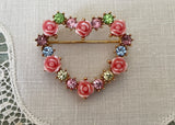 Vintage Avon Pink Rose and Rhinestone Valentines Heart Pin