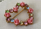 Vintage Avon Pink Rose and Rhinestone Valentines Heart Pin