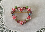 Vintage Avon Pink Rose and Rhinestone Valentines Heart Pin