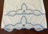Pair of Vintage Blue and White Hand Crocheted Lace Pillowcases Tubing