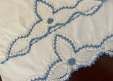 Pair of Vintage Blue and White Hand Crocheted Lace Pillowcases Tubing