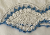 Pair of Vintage Blue and White Hand Crocheted Lace Pillowcases Tubing