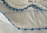 Pair of Vintage Blue and White Hand Crocheted Lace Pillowcases Tubing