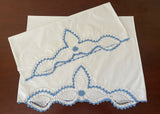 Pair of Vintage Blue and White Hand Crocheted Lace Pillowcases Tubing
