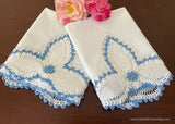 Pair of Vintage Blue and White Hand Crocheted Lace Pillowcases Tubing