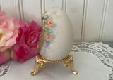 Vintage Hand Painted Coral Rose Open Easter Egg with Stand