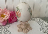 Vintage Hand Painted Peach and White Roses Easter Egg on Pedestal