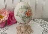 Vintage Hand Painted Peach and White Roses Easter Egg on Pedestal