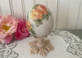 Vintage Hand Painted Peach and White Roses Easter Egg on Pedestal