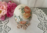 Vintage Hand Painted Peach and White Roses Easter Egg on Pedestal