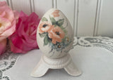 Vintage Hand Painted Peach Poppies and Blue Flowers Egg with Holder