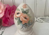 Vintage Hand Painted Peach Poppies and Blue Flowers Egg with Holder
