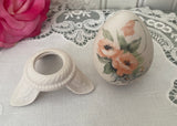 Vintage Hand Painted Peach Poppies and Blue Flowers Egg with Holder