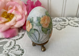 Vintage Hand Painted Trio of Yellow Roses Egg with Holder