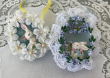 Two Vintage Hand Made Real Egg Easter Diorama Ornaments with White Bunnies