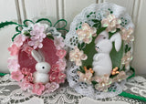 Two Vintage Hand Made Real Egg Easter Diorama Ornaments with Bunnies