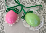 Two Vintage Hand Made Real Egg Easter Diorama Ornaments with Bunnies