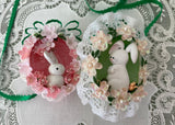 Two Vintage Hand Made Real Egg Easter Diorama Ornaments with Bunnies