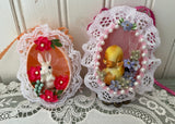 Pair of Vintage Hand Made Real Egg Easter Diorama Ornaments with Bunny and Duck