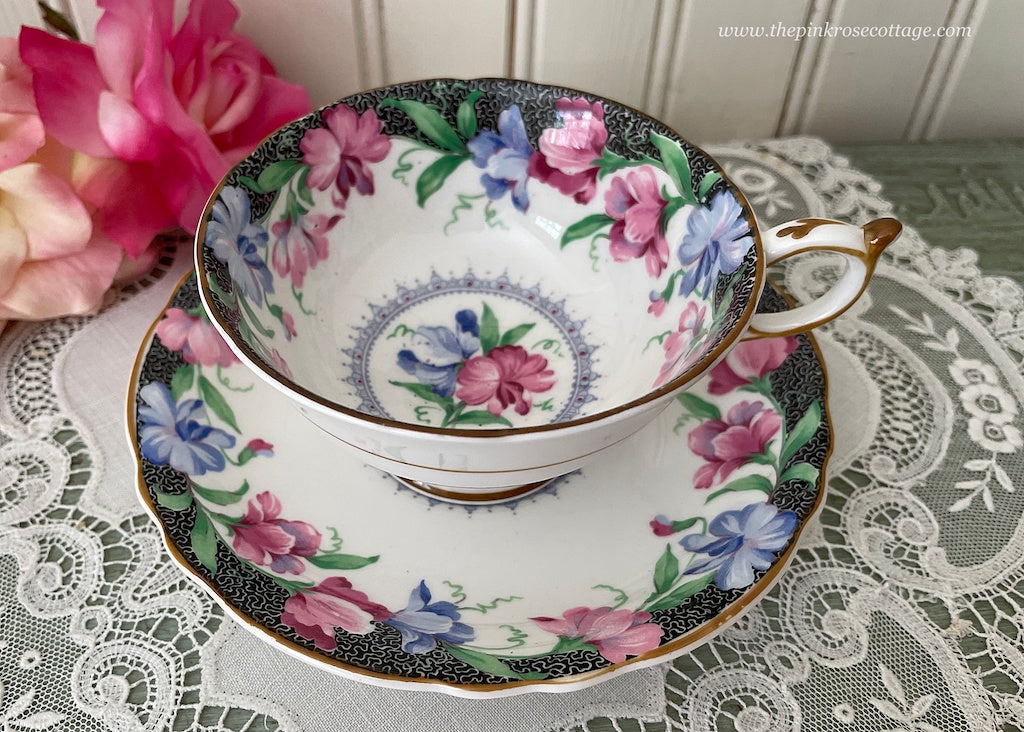Vintage Paragon Blue and Pink Sweet Pea Teacup and Saucer