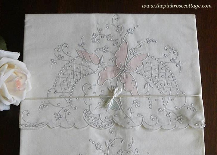 Unused Vintage Madeira Hand Embroidered Iris Lily Pillowcases - The Pink Rose Cottage