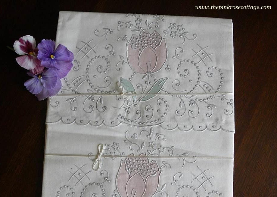 Unused Vintage Madeira Hand Embroidered Tulip Pillowcases - The Pink Rose Cottage